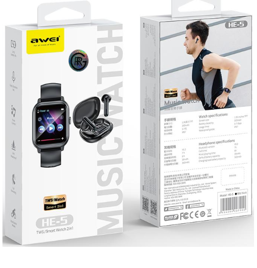 Awei HE-5 Earbuds Smart Watch 2 in 1 Set Music Watch Set 