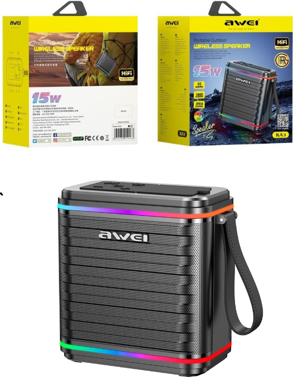 Awei KA3 Portable Bluetooth Speaker 5.3 Outdoor Surround Sound Colorful LED Light
