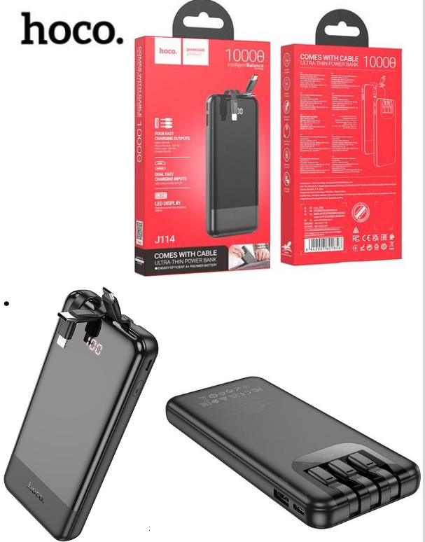 hoco J114 10,000mAh Power Bank 2A  Built In Cable and  Type-C IPH Micro 3-in-1