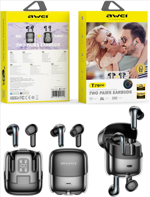 Awei T79 ENC Call Noise Cancelling Earbuds Heavy Bass Bluetooth Earphone with Mic
