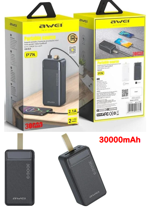 Awei P7K 30,000mAh Portable Power Bank Dual Type A USB A Type C Micro Dual Input Fast Charge 