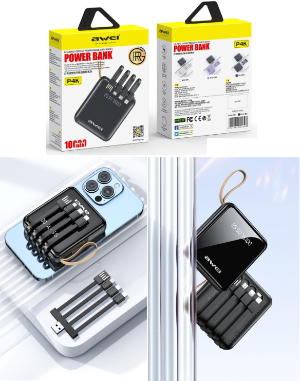 Awei P4K 10,000mAh Powerbank Fast Charging Power Bank 4 in 1 With Micro Type C Cable