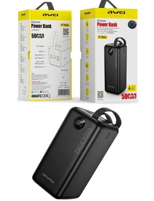 Awei P36K 50,000mAh Power Bank Fast Charging 22.5W  With Cable & High Capacity PD20W  Safety