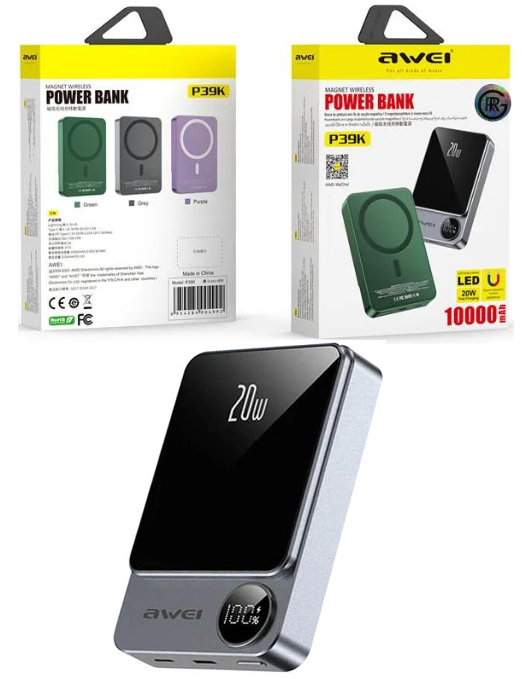 Awei P39K 10,000mAh Magnetic Wireless Power Bank Portable Fast Charging For Android & iOS