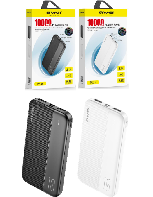 Awei P53K 10,000mAh Power Bank Fast Charging 2.1A Portable Light Weight Dual USB with LED Display 