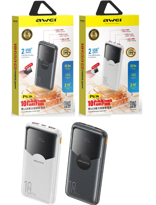 Awei P63K 10,000mAh Power Bank Fast Charging 20W Type C Port USB C Micro USB LED Light Display