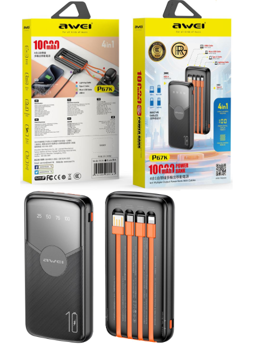 AWEI P67K 10,000  Power Bank  2.1A Charging Mobile With 4-in-1 Cables Fast Charging