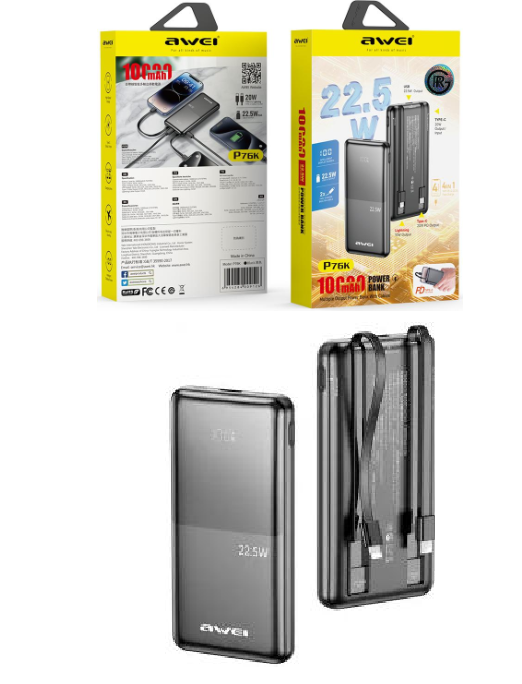 Awei P76K 10,000mAh Power Bank Thin & Portable 22.5W Built-In Cable Fast Charge