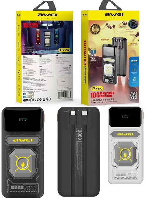 Awei P77K 10,000mAh Power Bank Built In Cable 22.5W Fast Charging 