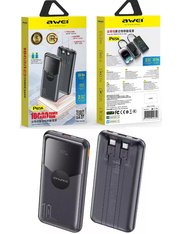 Awei P65K 10,000mAh Power Bank Fast Charging Built In 2 Cable Smart Display