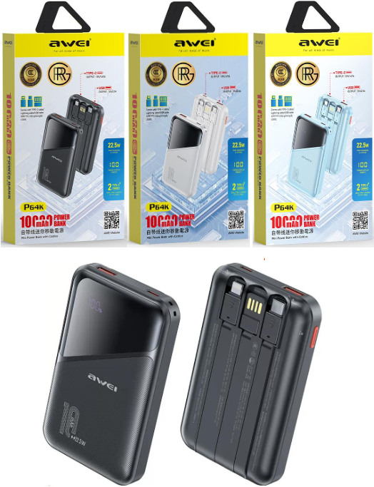 Awei P64K 10,000mAh Fast Charging Power Bank Built-in 3 independent cables 22.5W Type-C Port