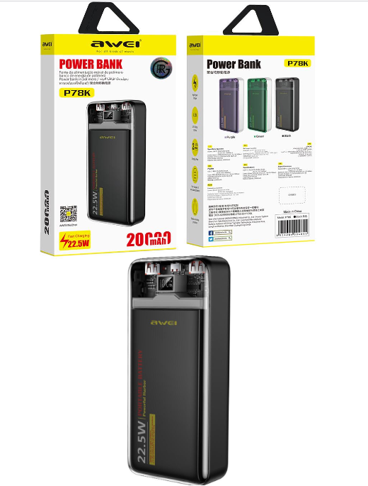 Awei P78K 20,000mAh Powe Bank 22.5W Super-Fast Charging USB Ports LED Display Long Battery Life