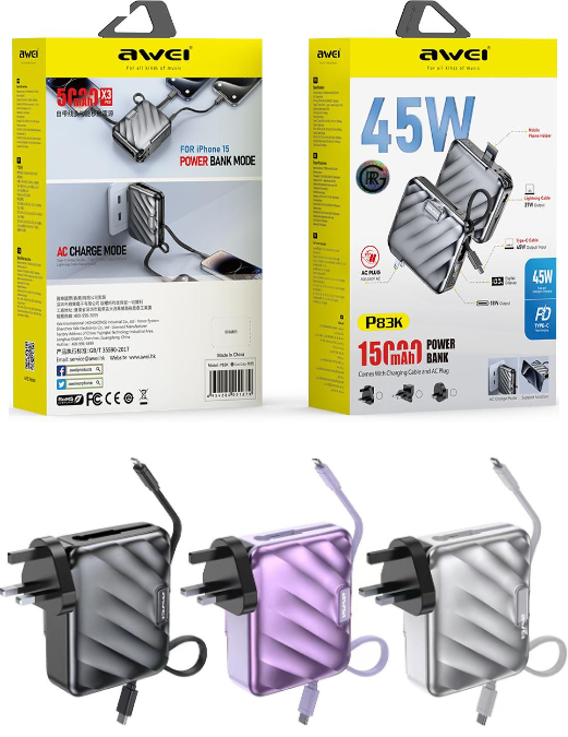 Awei P83K 15,000mAh 45W Power Bank Built In Cable with Wall Plug UK Plug