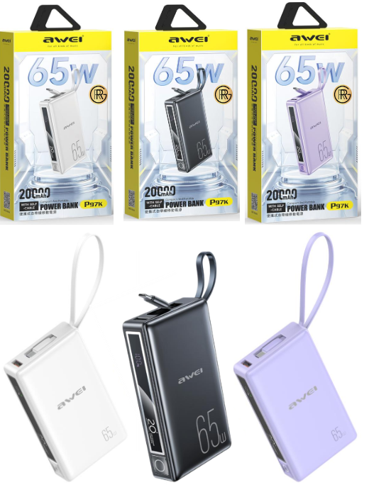 Awei P97K 20,000mAh Power Bank includes a built-in 2-in-1 charging cable