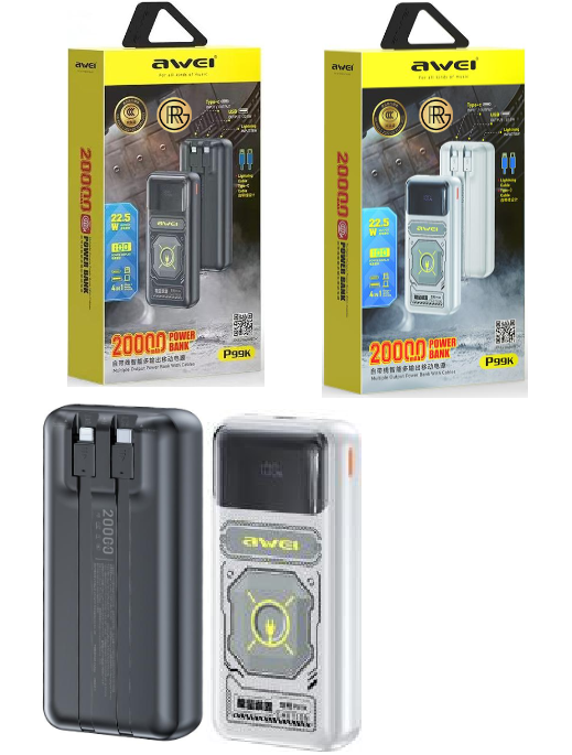 Awei P99K 20,000mAh 22.5W Dual Port Power Bank with Build in Cable Fast Charging