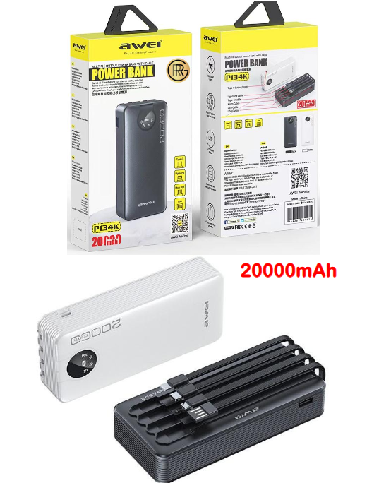 Awei P134K 20,000mAh 2.1A Power Bank With Cable &Type-C , Micro 4-in-1 Fast Charging 