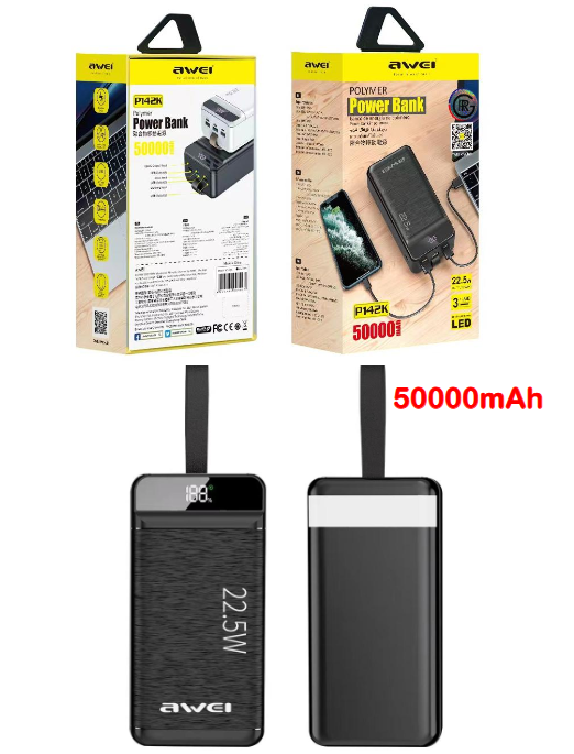 AWEI P142K 50,000mAh Power Bank Super Fast Charge 22.5W PD+QC Large Capacity P