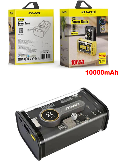 Awei P165K 10,000mAh Transparent Power Bank High Capacity High Speed Charge with LED Display