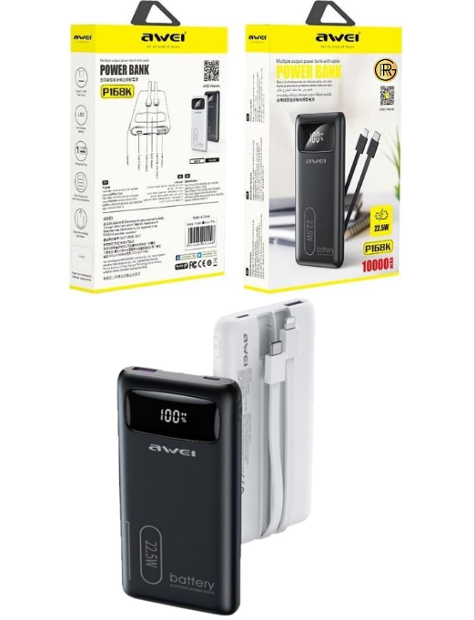 Awei P168K 10,000mAh 22.5w Portable PoweBank Fast Charging With Type-C Light Cable