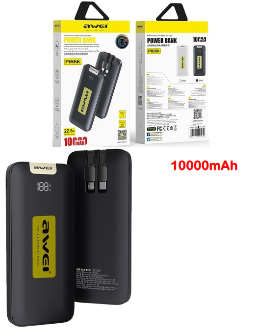 Awei P166K 10,000mAh Portable Power Bank 22.5W Fast Charging LED Display with Built-in Cable 