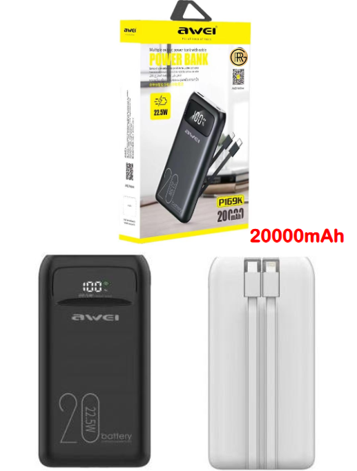 Awei P169K 20,000mAh Power Bank  Fast Charger Built in Type C Cable & Digital Display 