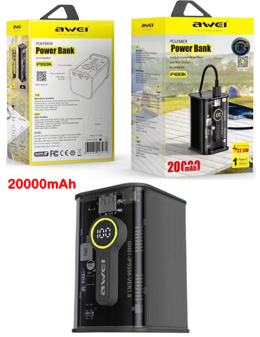 Awei P180K 20,000mAh Power Bank 22.5W+PD20W Quick Charge &Long Battery Life