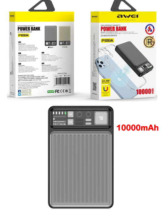 Awei P186K 10,000mAh Power Bank Strong Magnetic Wireless Charging 