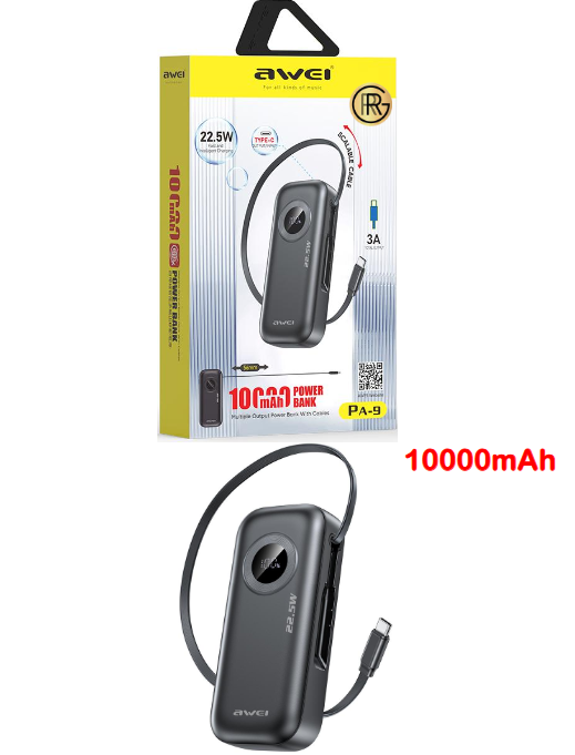 Awei PA-9 10,000mAh Power Bank Fast Charging 22.5W Built-in Cables 