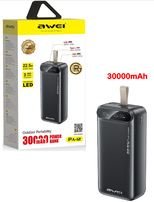 Awei PA-12 30,000mAh Power Bank Quick Charging 22.5W LED Display 