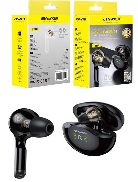 Awei T12P True Wireless Stereo Bluetooth Earphone Dual Dynamic Driver Earbuds LED Display Smart Touch