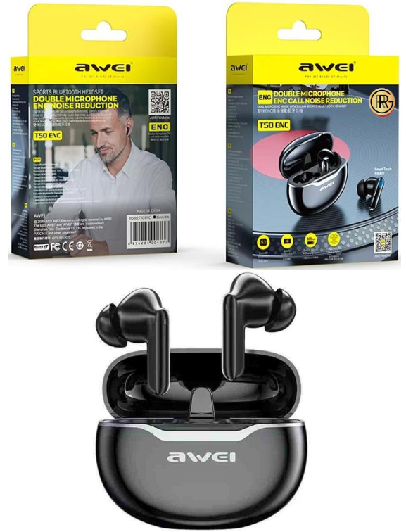 Awei T50 TWS Bluetooth 5.3 Earbuds ENC Noise Cancelling Touch Control Gaming Mode Built-in Mic