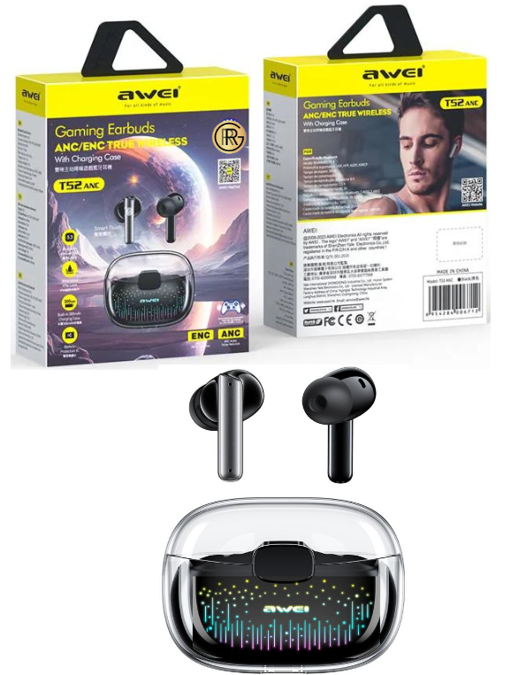 Awei T52 ANC+ENC True Wireless Bluetooth 5.3 Noise Cancelling Gaming Earpiece With Mic
