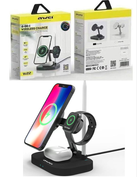 Awei W22 3-in-1 Magnetic Wireless Charger for Smartphones, Earbuds and Smartwatches 