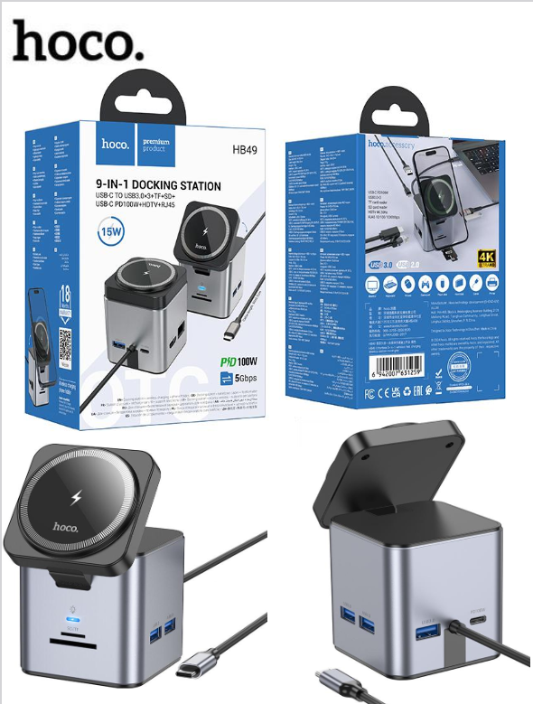 hoco HB49 Magnetic Wireless Charging  9 in 1 Type-C HUB to HDTV+PD +USB3.0*3+SD+TF+ RJ45 