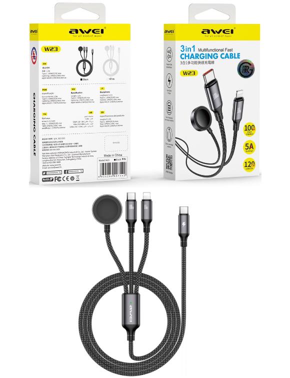 Awei W23 3-in-1 Charging Cable Magnetic Wireless Compatible For Watch Type C  For Tablet