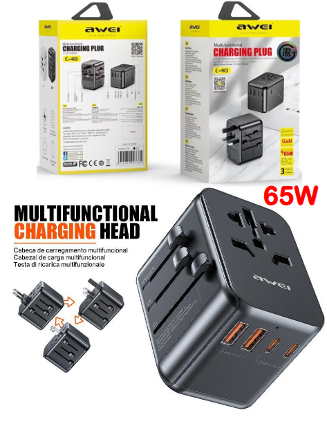 Awei C-40 65W GaN 3-Ports Universal Travel Adapter Charger With UK/ EU/ US Plugs