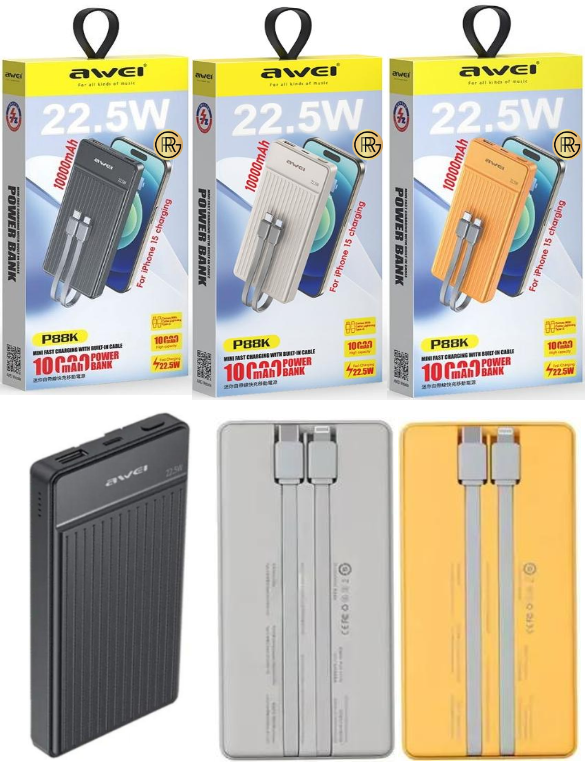 Awei P88K 10,000 Power Bank Compatible 15 Pro Max PD20W 22.5W Built In Cable Fast Charging