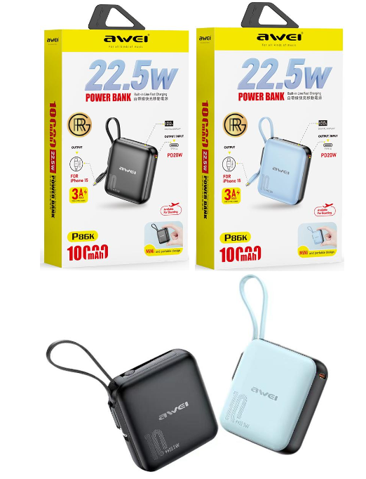 Awei P86K 10,000mAh Power Bank 22.5W Fast Charging Built In Cable Super Mini 