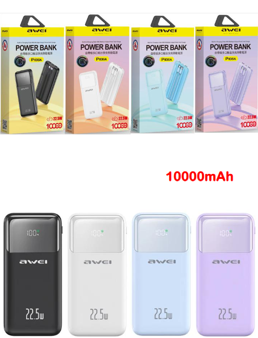 Awei P106K 10,000 Power Bank 1W PD Fast Charging 22.5W RPP-300  With Cable Type-C 