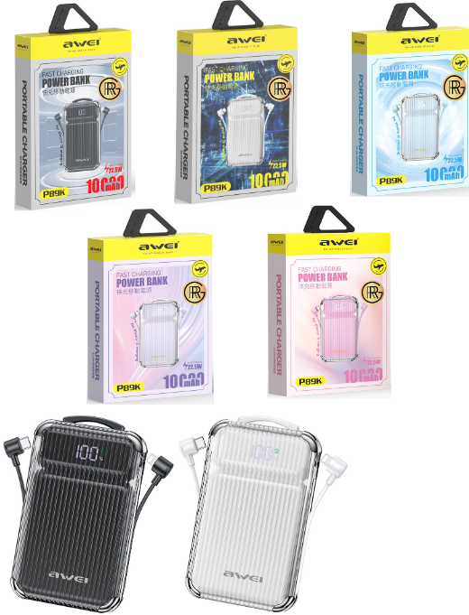 Awei P89K 10,000mAh Power Bank 20W+22.5W PD+QC Fast Charge Mini Light weight with cables