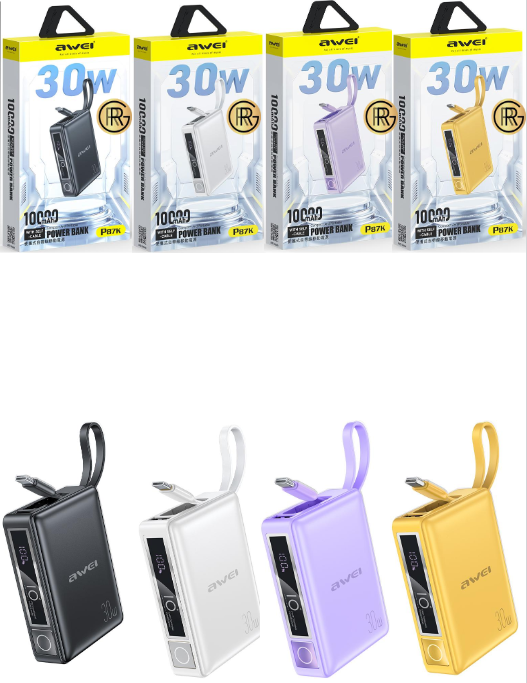 Awei P87K 10,000mAh Power Bank Mini 30W Built-In Cable 30W Fast Charging