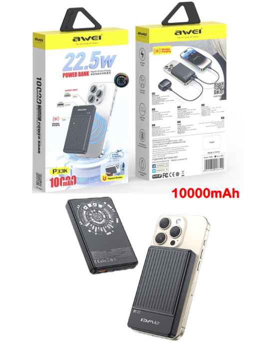 Awei P33K 10,000 Magnetic Wireless Power Bank  for iPhone 15 Pro Max 14 Plus 13 Mini