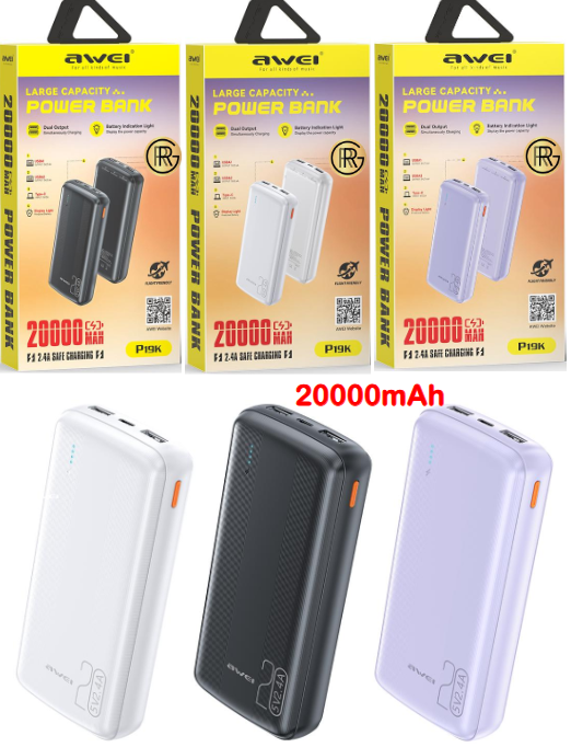 Awei P19K 20,000mAh Powerbank Intelligent Multiple Output With Dual Input Type-C Micro-USB Safety Battery