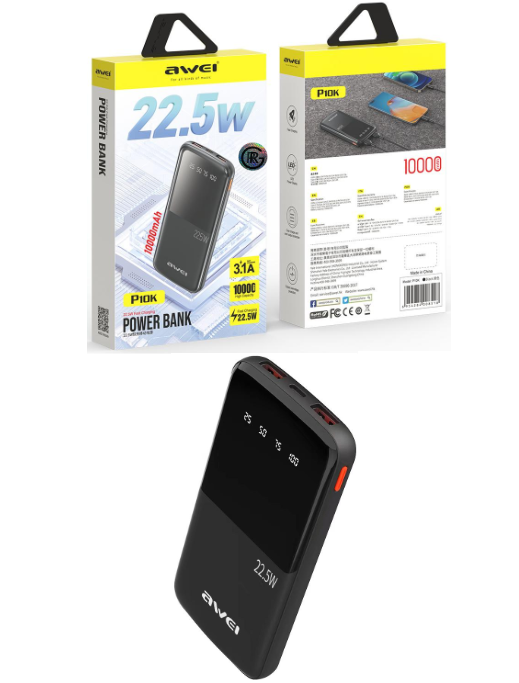 Awei P10K 10,000mAh 3.1A PD 20W Power Bank Fast Charging Digital Display Portable Slim Charger 22.5W
