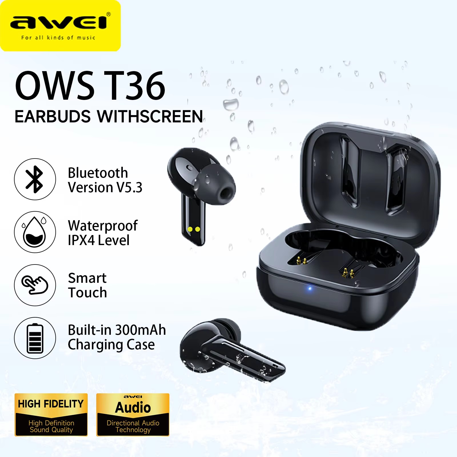 Awei T36 Wireless Bluetooth Earphone Headset Noise Cancelling & Mini Sports Earbuds 