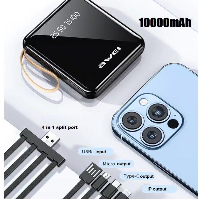 Awei P4K 10,000mAh Powerbank Fast Charging Power Bank 4 in 1 With Micro Type C Cable