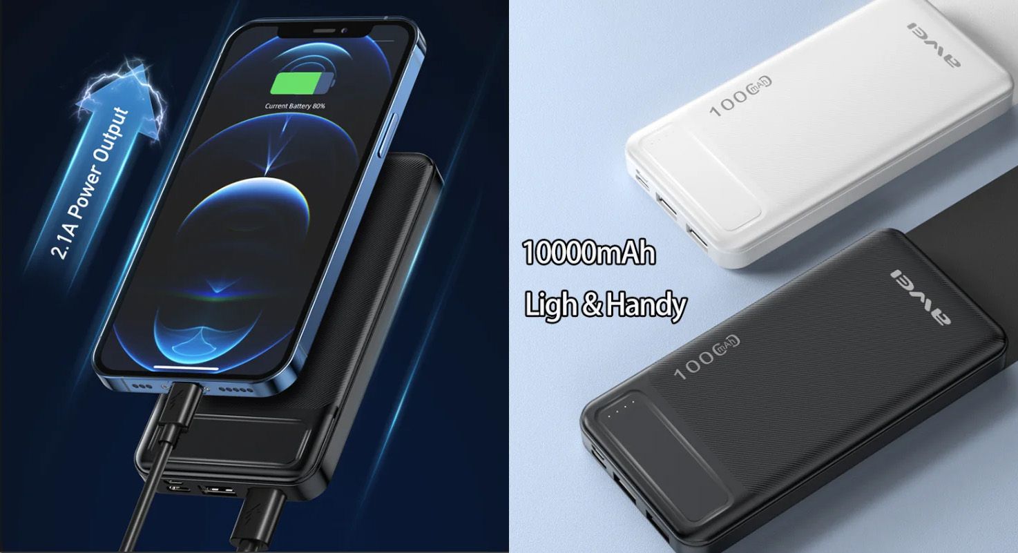 Awei P5K 10,000mAh Power Bank Portable Dual USB Type C Micro Dual Input Fast Charging