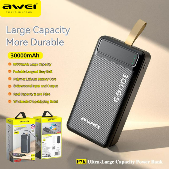 Awei P7K 30,000mAh Portable Power Bank Dual Type A USB A Type C Micro Dual Input Fast Charge 