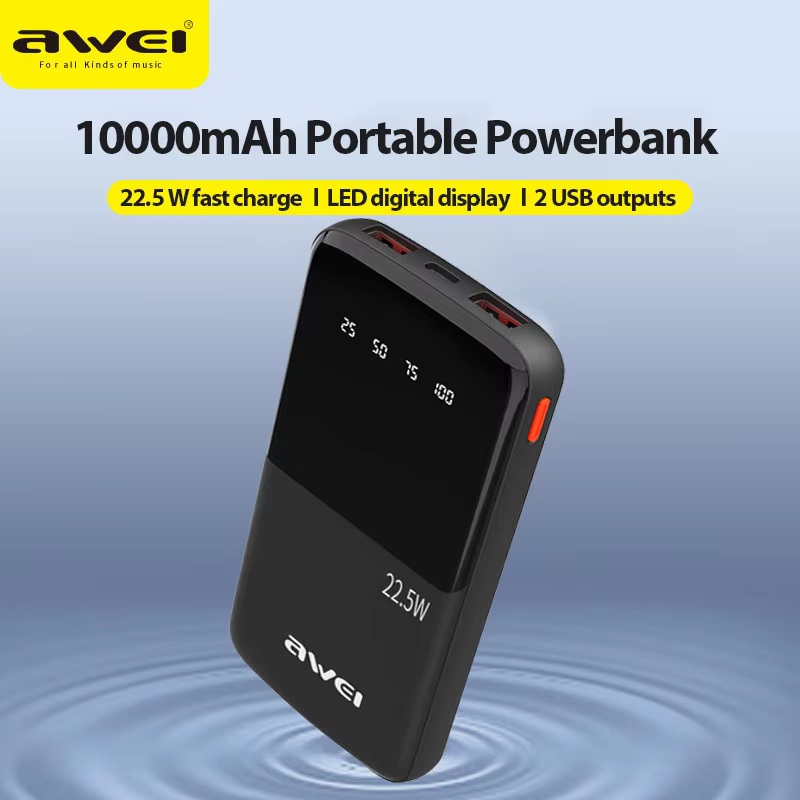 Awei P10K 10,000mAh 3.1A PD 20W Power Bank Fast Charging Digital Display Portable Slim Charger 22.5W