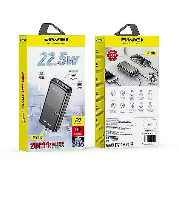 Awei P13K 20,000 Portable Power Bank Fast Charging Digital Display And Fast Charging Port